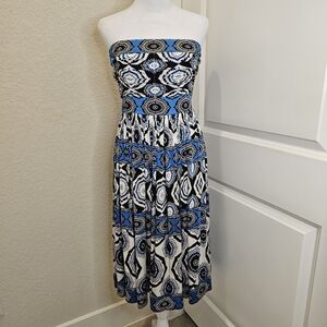 NWT White House Black Market Strapless Midi Dress, Blue, White, Black